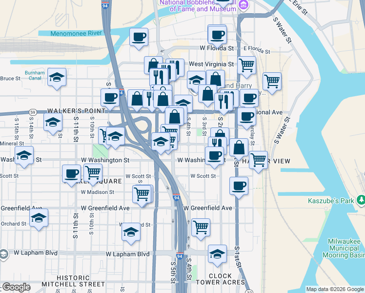 map of restaurants, bars, coffee shops, grocery stores, and more near 924 South 5th Street in Milwaukee