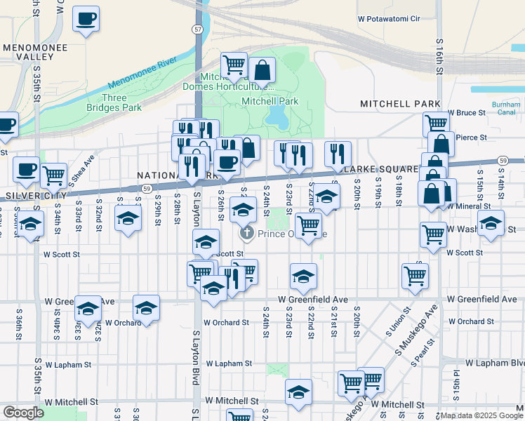 map of restaurants, bars, coffee shops, grocery stores, and more near 910 South 24th Street in Milwaukee