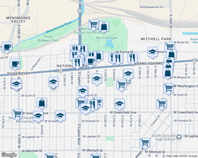 map of restaurants, bars, coffee shops, grocery stores, and more near 908 South 25th Street in Milwaukee