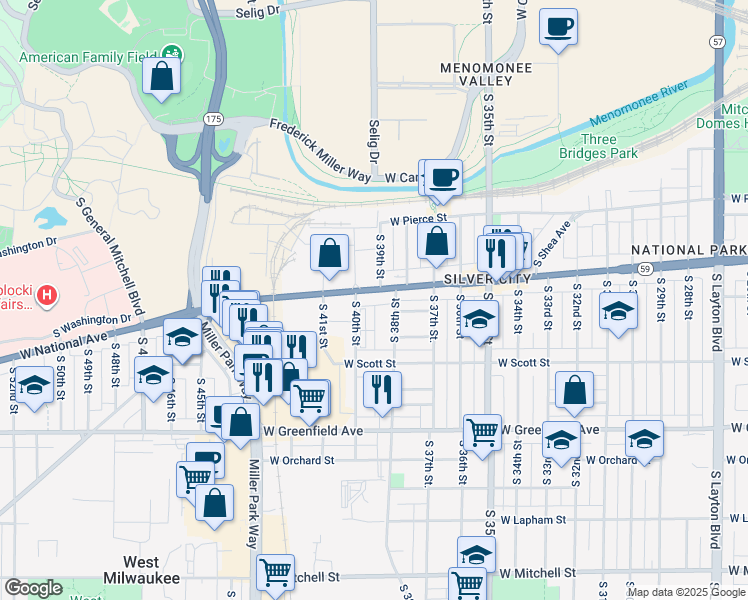 map of restaurants, bars, coffee shops, grocery stores, and more near 3930 West National Avenue in West Milwaukee