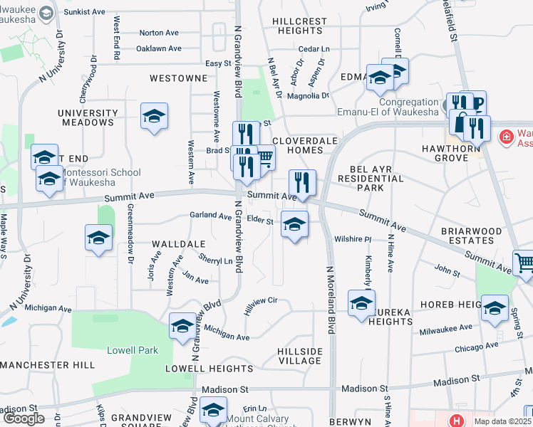 map of restaurants, bars, coffee shops, grocery stores, and more near 1519 Summit Avenue in Waukesha