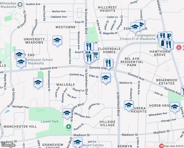 map of restaurants, bars, coffee shops, grocery stores, and more near 1709 Summit Avenue in Waukesha