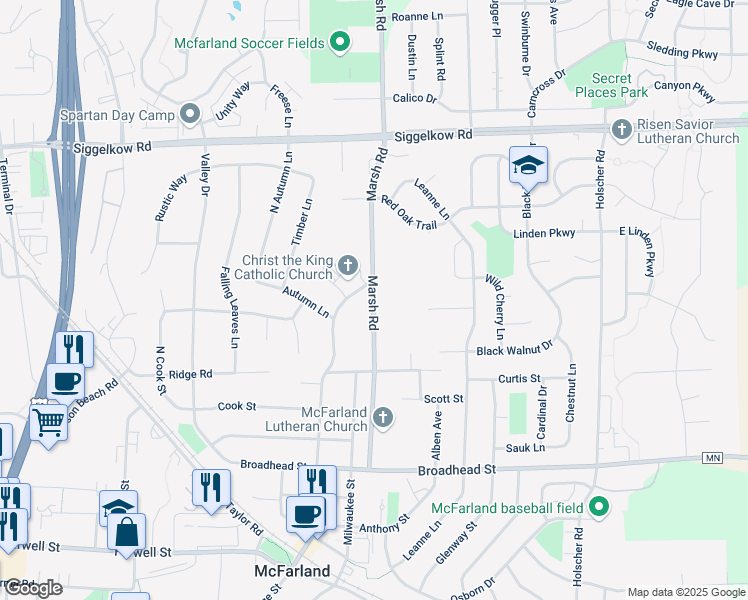 map of restaurants, bars, coffee shops, grocery stores, and more near 5309 Marsh Road in McFarland