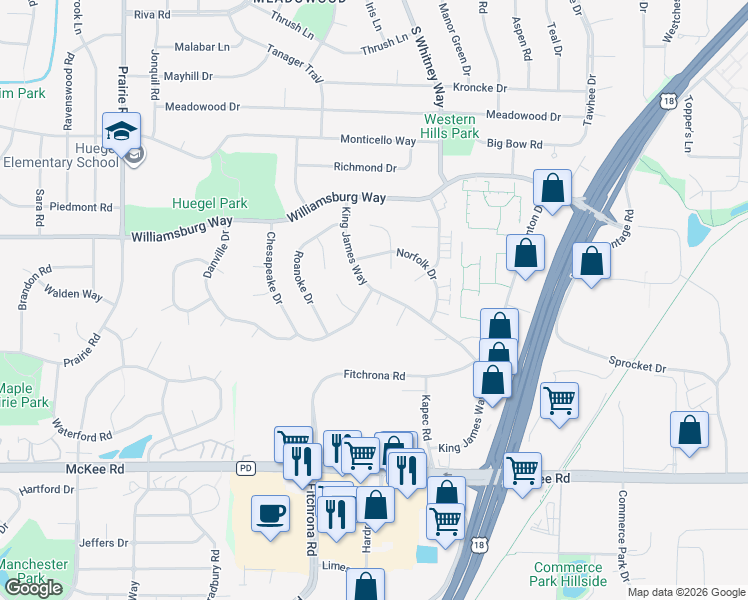 map of restaurants, bars, coffee shops, grocery stores, and more near 2903 King James Way in Fitchburg