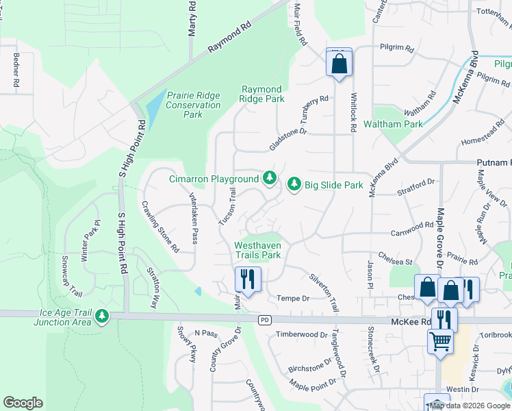 map of restaurants, bars, coffee shops, grocery stores, and more near 7345 Santa Fe Trail in Madison