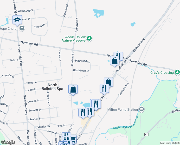 map of restaurants, bars, coffee shops, grocery stores, and more near 24 Birchwood Lane in Ballston Spa