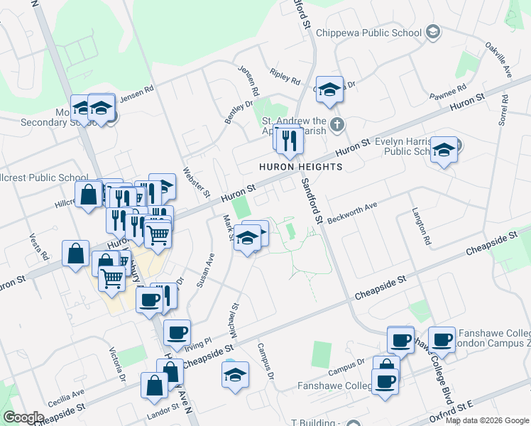 map of restaurants, bars, coffee shops, grocery stores, and more near 1323 Michael Circle in London