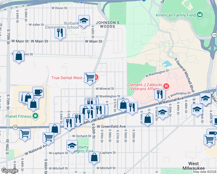 map of restaurants, bars, coffee shops, grocery stores, and more near 954 South 58th Street in West Allis