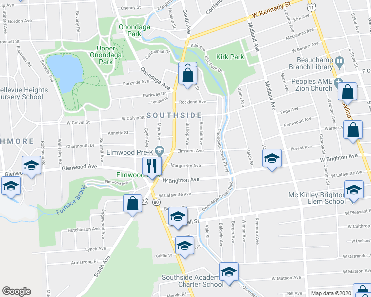 map of restaurants, bars, coffee shops, grocery stores, and more near 200 Elmhurst Avenue in Syracuse