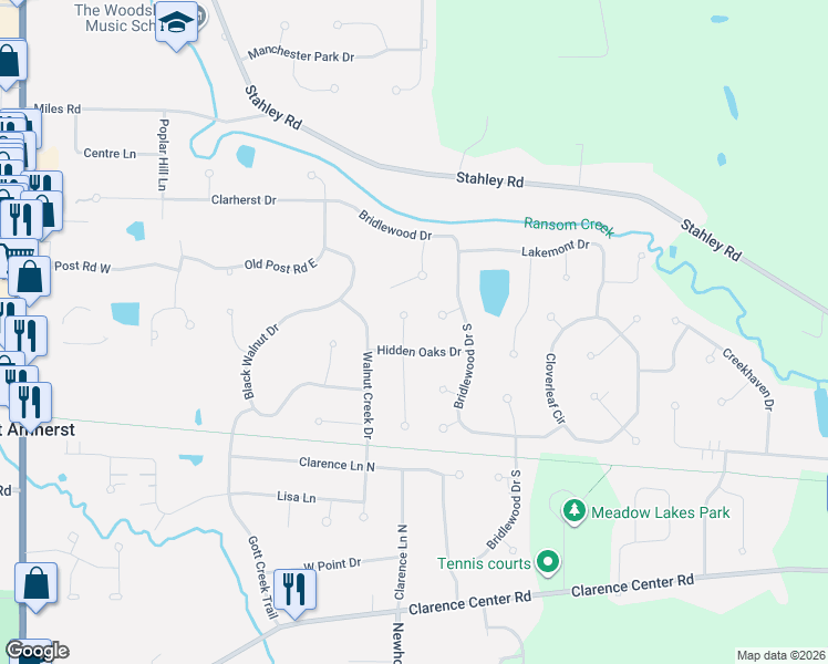 map of restaurants, bars, coffee shops, grocery stores, and more near 8410 Avonside Court in East Amherst