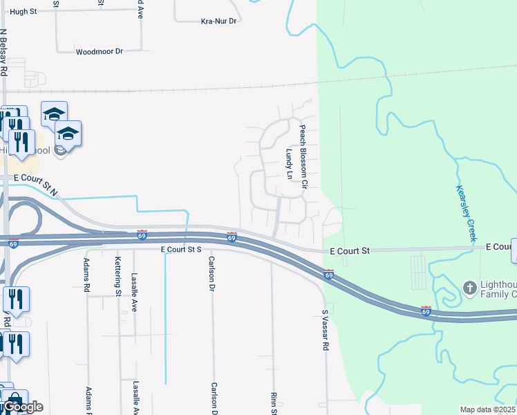 map of restaurants, bars, coffee shops, grocery stores, and more near 1213 Heritage Lane in Burton