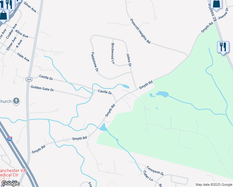 map of restaurants, bars, coffee shops, grocery stores, and more near 52 Castle Drive in Hooksett