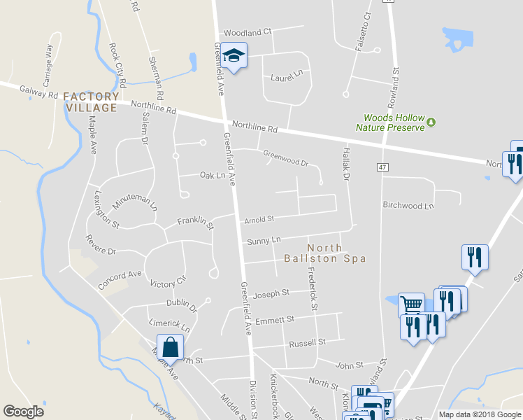 map of restaurants, bars, coffee shops, grocery stores, and more near 713 Arnold Street in Ballston Spa