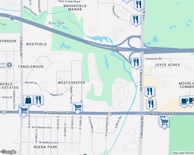 map of restaurants, bars, coffee shops, grocery stores, and more near 995 Pinehurst Court in Brookfield