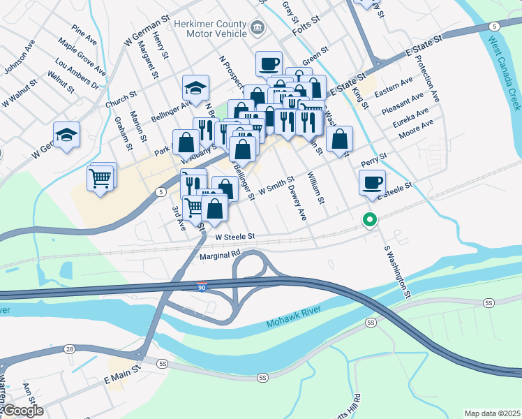 map of restaurants, bars, coffee shops, grocery stores, and more near 307 South Bellinger Street in Herkimer