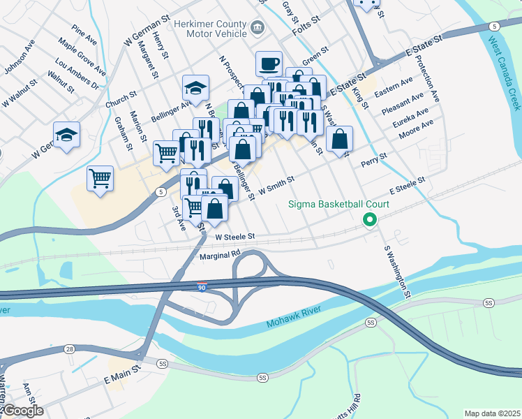 map of restaurants, bars, coffee shops, grocery stores, and more near 307 South Bellinger Street in Herkimer