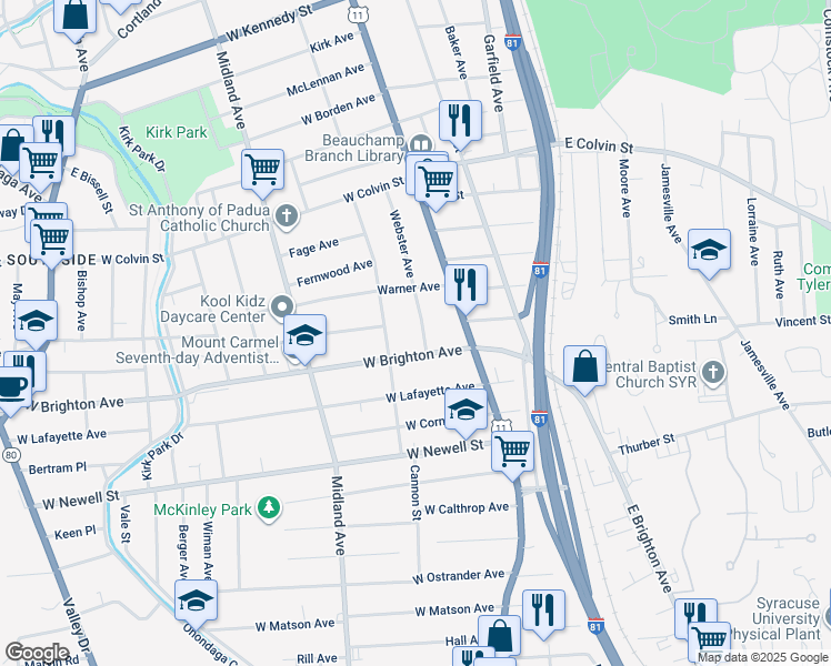 map of restaurants, bars, coffee shops, grocery stores, and more near 339 Webster Avenue in Syracuse