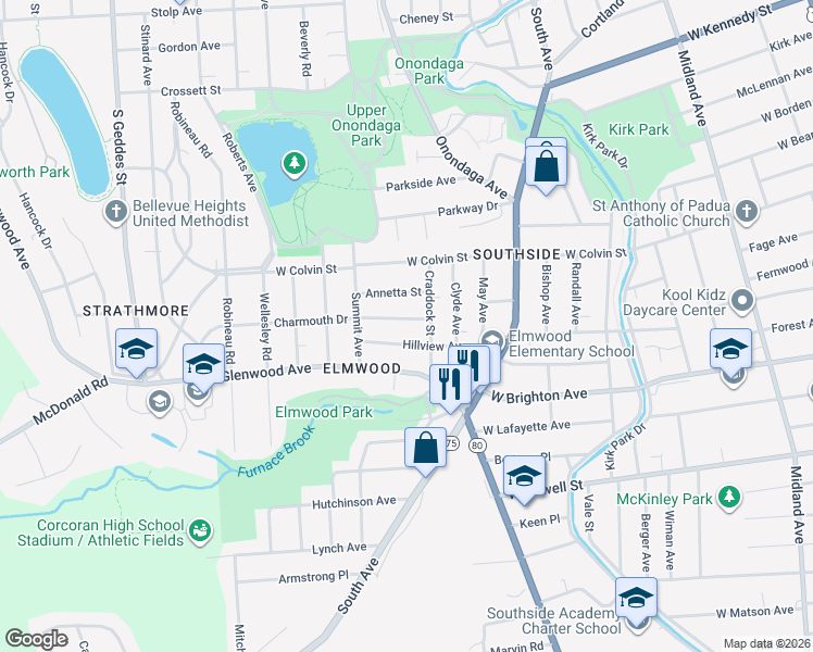 map of restaurants, bars, coffee shops, grocery stores, and more near 130 Charmouth Drive in Syracuse