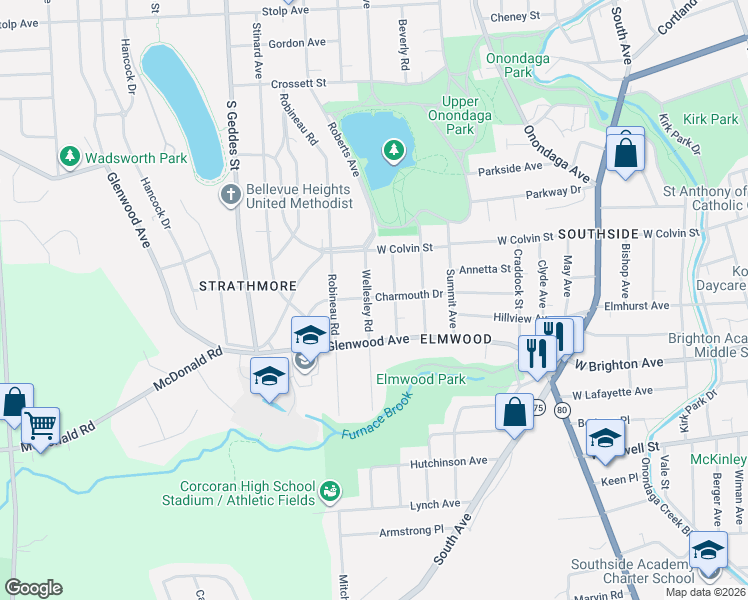 map of restaurants, bars, coffee shops, grocery stores, and more near 128 Columbia Avenue in Syracuse