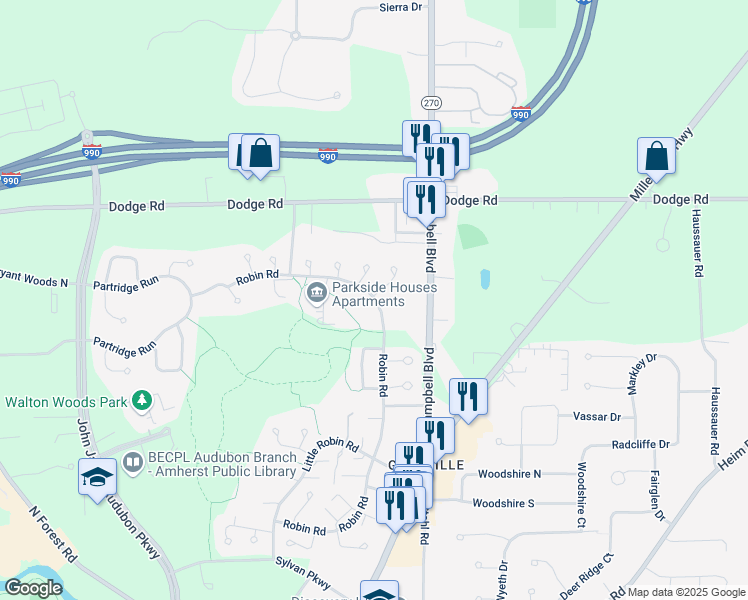 map of restaurants, bars, coffee shops, grocery stores, and more near 851 Robin Road in Buffalo