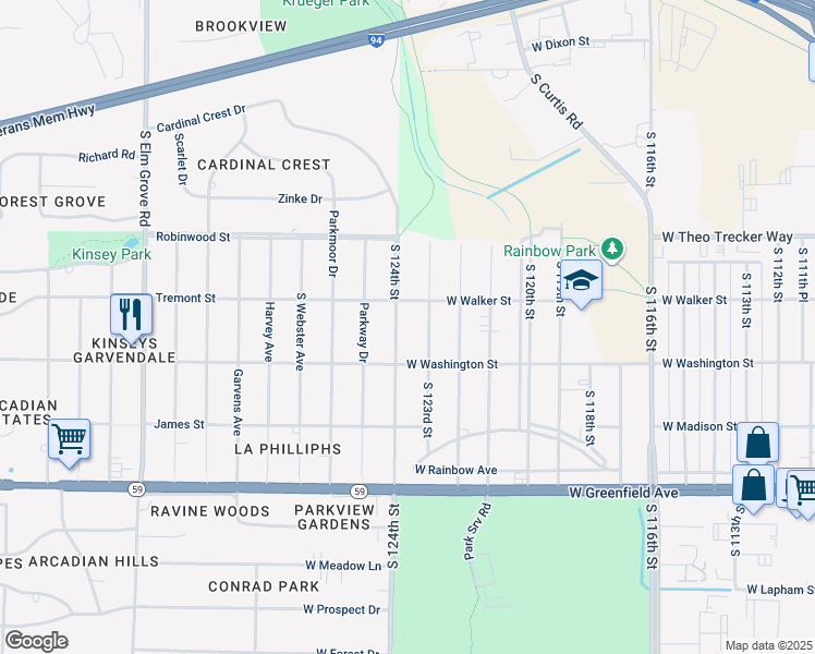 map of restaurants, bars, coffee shops, grocery stores, and more near 916 South 124th Street in West Allis