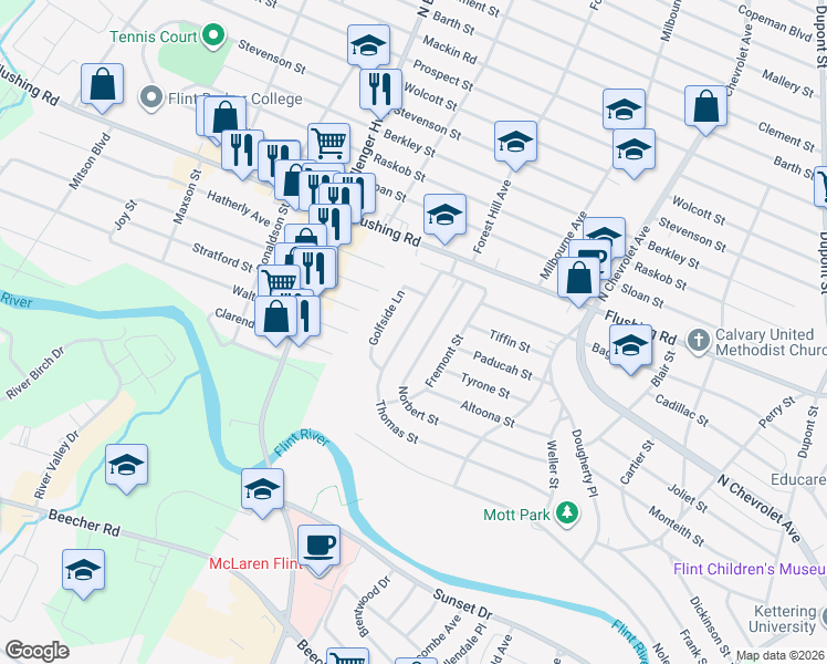 map of restaurants, bars, coffee shops, grocery stores, and more near 2738 Thomas Street in Flint