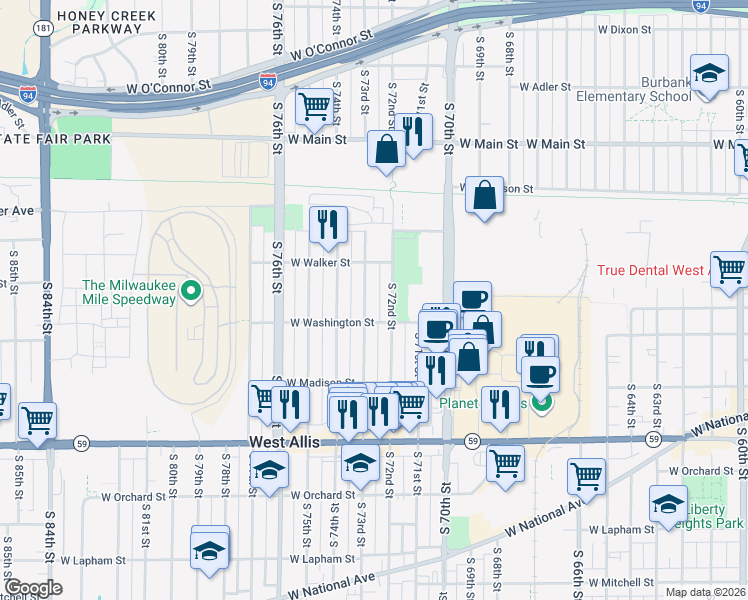 map of restaurants, bars, coffee shops, grocery stores, and more near 934 South 73rd Street in West Allis