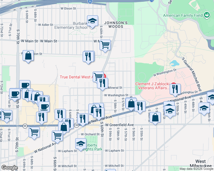 map of restaurants, bars, coffee shops, grocery stores, and more near 932 South 60th Street in West Allis