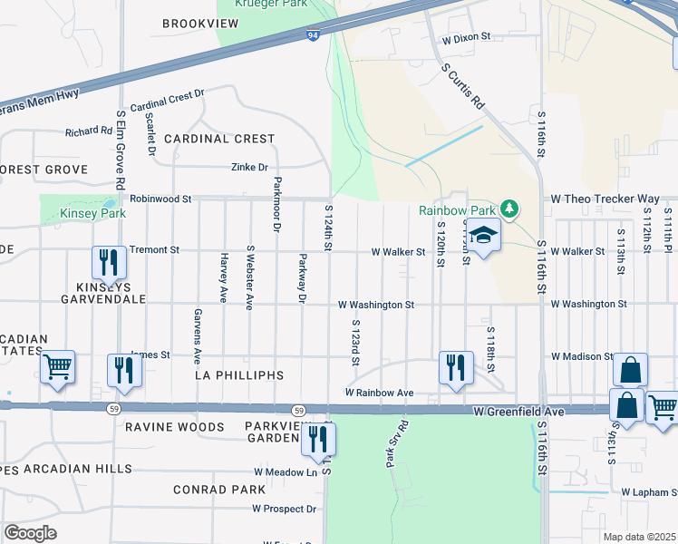 map of restaurants, bars, coffee shops, grocery stores, and more near 916 South 124th Street in West Allis