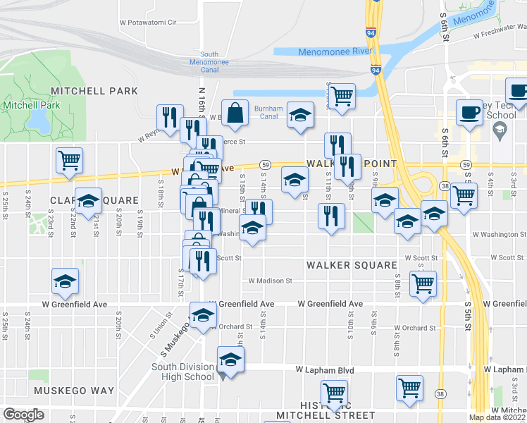 map of restaurants, bars, coffee shops, grocery stores, and more near S 14th St & W Mineral St in Milwaukee