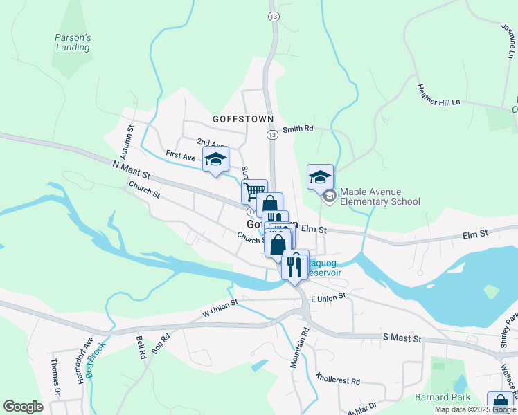 map of restaurants, bars, coffee shops, grocery stores, and more near 10 North Mast Street in Goffstown