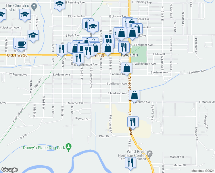 map of restaurants, bars, coffee shops, grocery stores, and more near 565 East Jefferson Avenue in Riverton