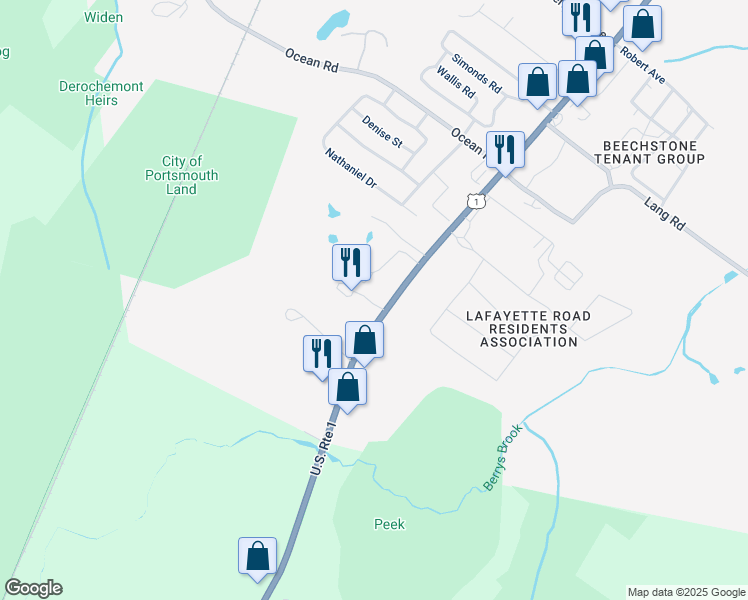 map of restaurants, bars, coffee shops, grocery stores, and more near 110 Coach Road in Portsmouth