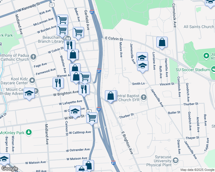 map of restaurants, bars, coffee shops, grocery stores, and more near 307 East Brighton Avenue in Syracuse