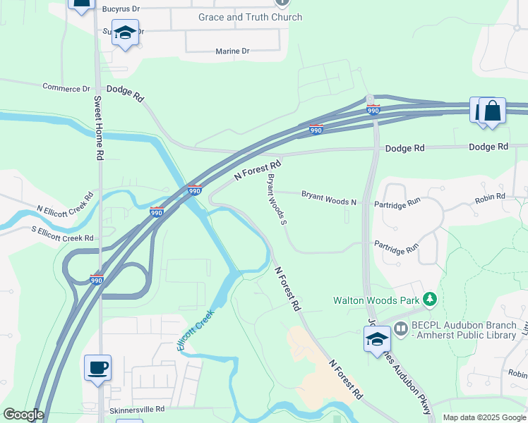 map of restaurants, bars, coffee shops, grocery stores, and more near 2949 North Forest Road in Getzville