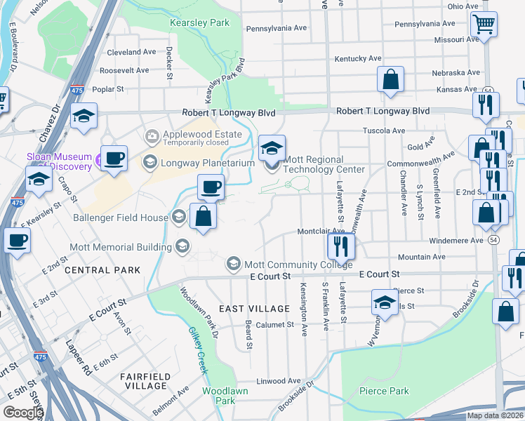 map of restaurants, bars, coffee shops, grocery stores, and more near 1520 East 2nd Street in Flint