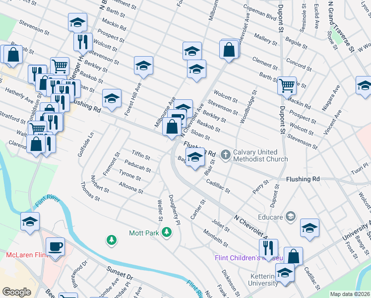 map of restaurants, bars, coffee shops, grocery stores, and more near 2422 Flushing Road in Flint