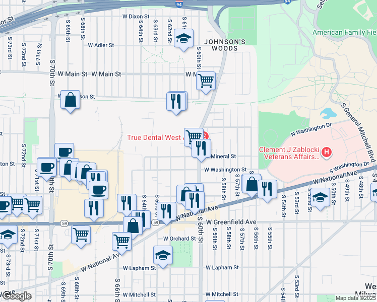 map of restaurants, bars, coffee shops, grocery stores, and more near 950 South 61st Street in West Allis