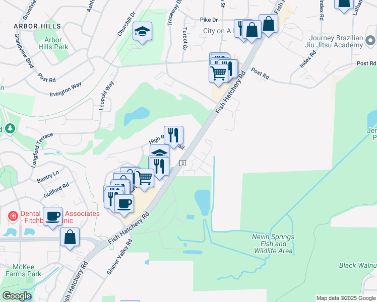 map of restaurants, bars, coffee shops, grocery stores, and more near 2100-2108 High Ridge Trail in Fitchburg