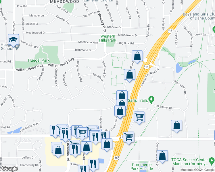 map of restaurants, bars, coffee shops, grocery stores, and more near 5702 Norfolk Drive in Fitchburg