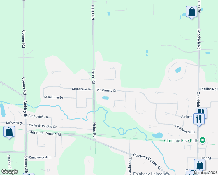 map of restaurants, bars, coffee shops, grocery stores, and more near 9165 Beech Meadow Court in Clarence Center