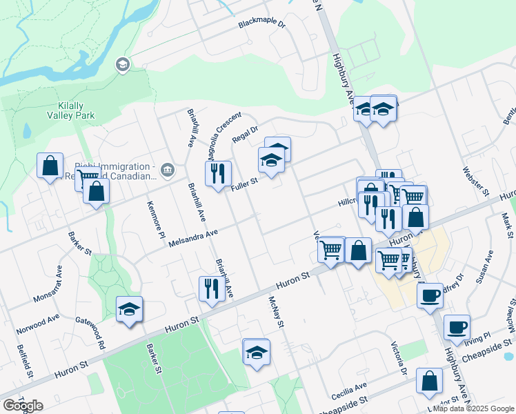 map of restaurants, bars, coffee shops, grocery stores, and more near 346 Regal Drive in London