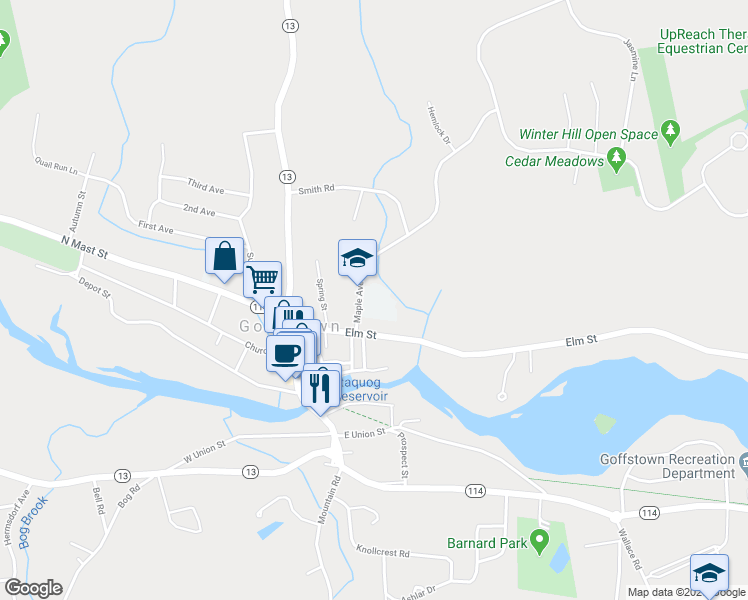 map of restaurants, bars, coffee shops, grocery stores, and more near 16 Maple Avenue in Goffstown
