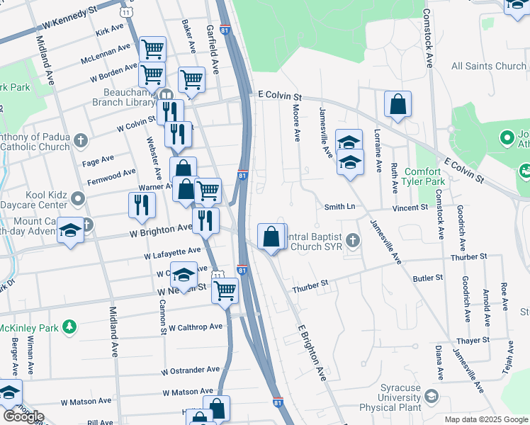 map of restaurants, bars, coffee shops, grocery stores, and more near 307 East Brighton Avenue in Syracuse