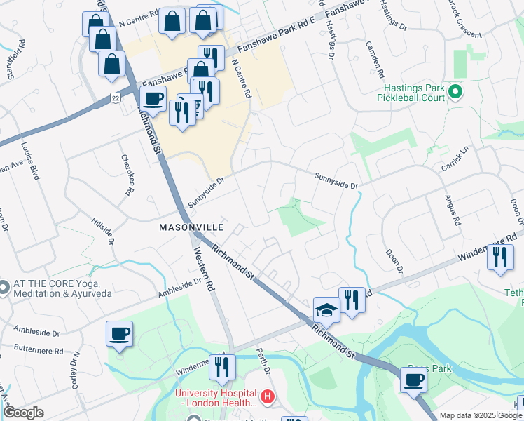 map of restaurants, bars, coffee shops, grocery stores, and more near 74 Masonville Crescent in London