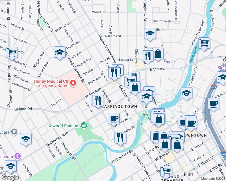 map of restaurants, bars, coffee shops, grocery stores, and more near 224 West 4th Avenue in Flint