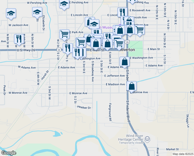 map of restaurants, bars, coffee shops, grocery stores, and more near 435 East Jefferson Avenue in Riverton