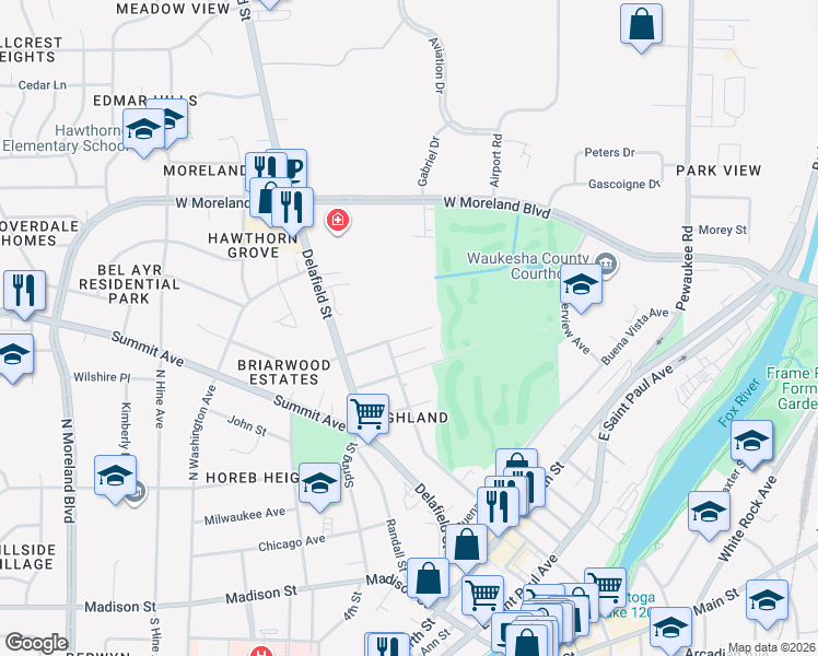 map of restaurants, bars, coffee shops, grocery stores, and more near 418 Lemira Avenue in Waukesha