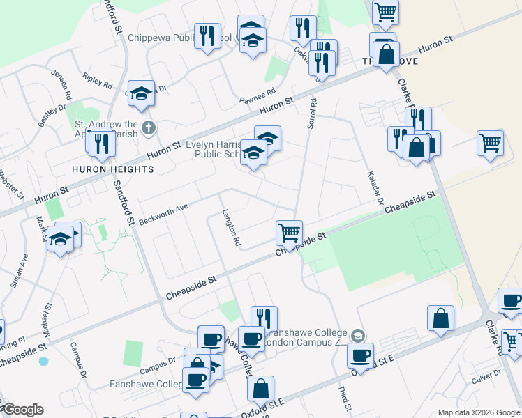 map of restaurants, bars, coffee shops, grocery stores, and more near 1500 Beckworth Avenue in London