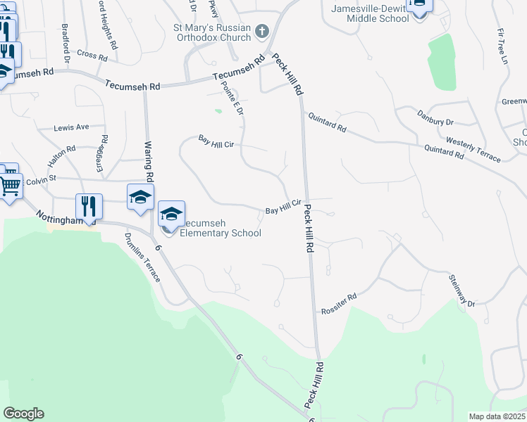 map of restaurants, bars, coffee shops, grocery stores, and more near Bay Hill Circle & Burnside Drive in Jamesville